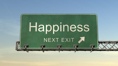 Sign on highway saying "Happiness next exit"