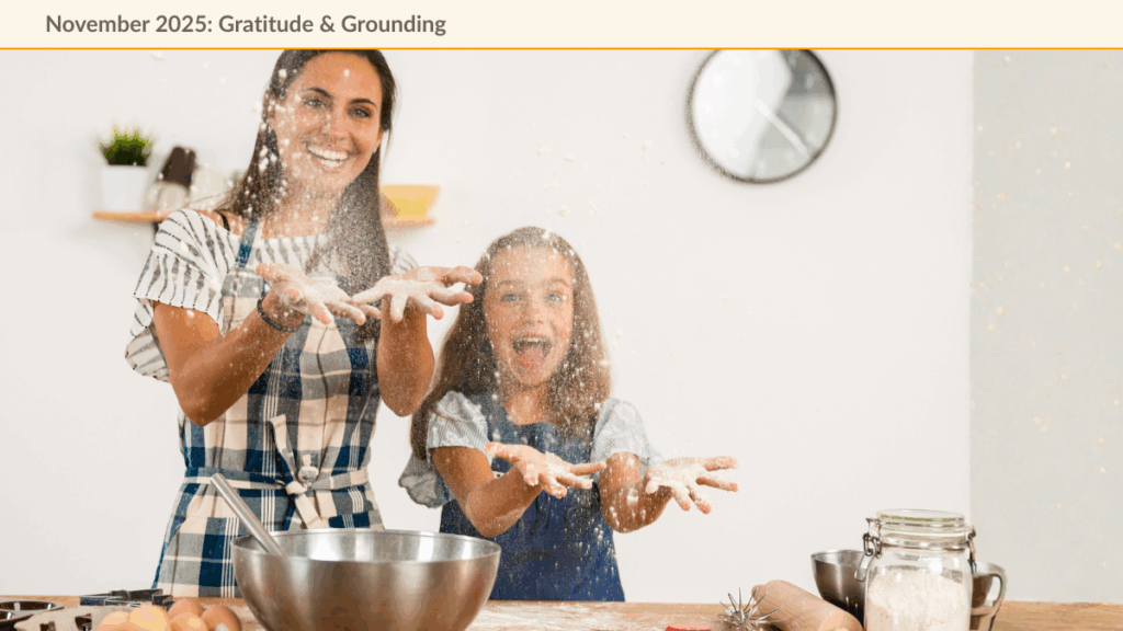 Happy mother and daughter playing with flour while baking, enjoying a micro-moment of joy together.