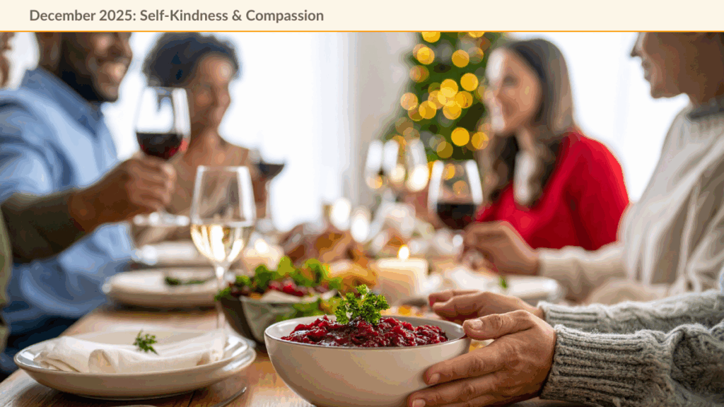 A family enjoying a healthy Christmas meal together at a beautifully set table. A Christmas tree with twinkling lights in the background.