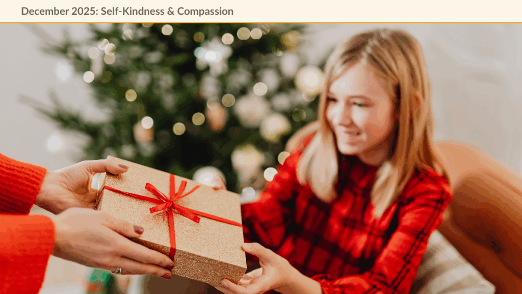 Sweet child receiving a gift for Christmas given with love and genuine care.