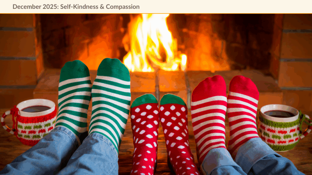 Cosy scene with three pairs of feet dressed in Christmas socks in front of the warm fireplace symbolizing a family being truly present and enjoying the magic of the season together.
